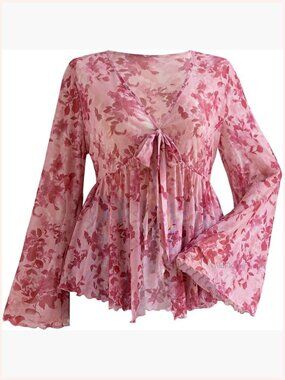 Plus Size Floral Mesh Peplum Top - V-Neck Flare Sleeve Blouse
